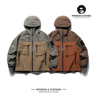 2024春天撞色拼接山系机能外套男春季潮流防水工装连帽冲锋衣夹克