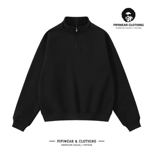 潮牌秋季重磅立领半拉链男士卫衣纯色宽松短款秋天百搭套头衫上衣