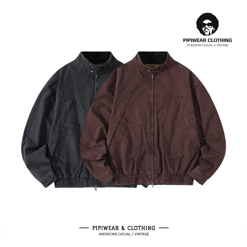 春天日系男装高街复古水洗多口袋短款立领夹克春季工装哈灵顿外套