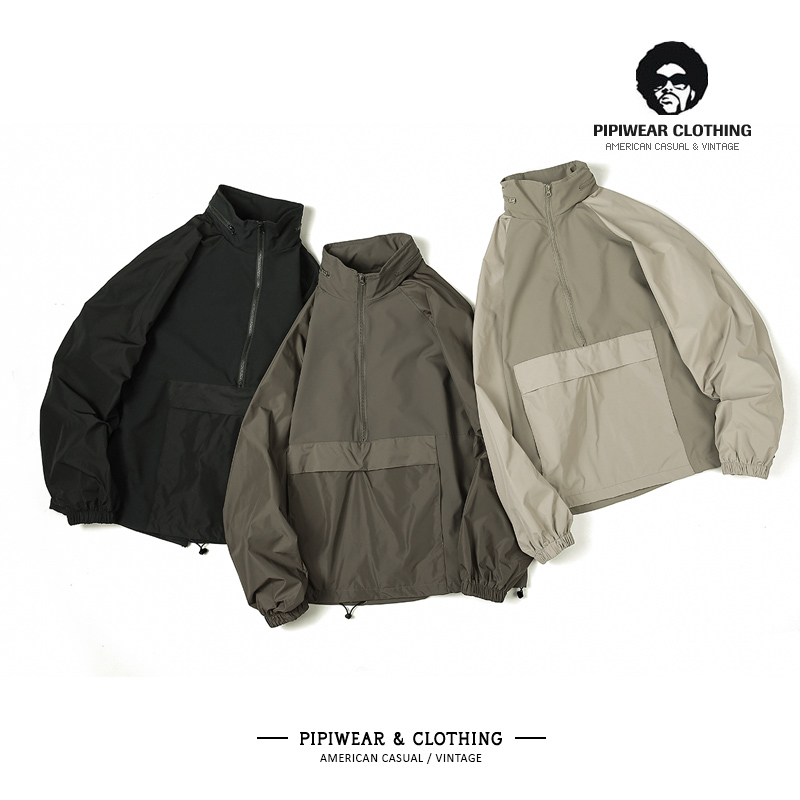 拼料可隐藏帽半拉链套头男士夹克