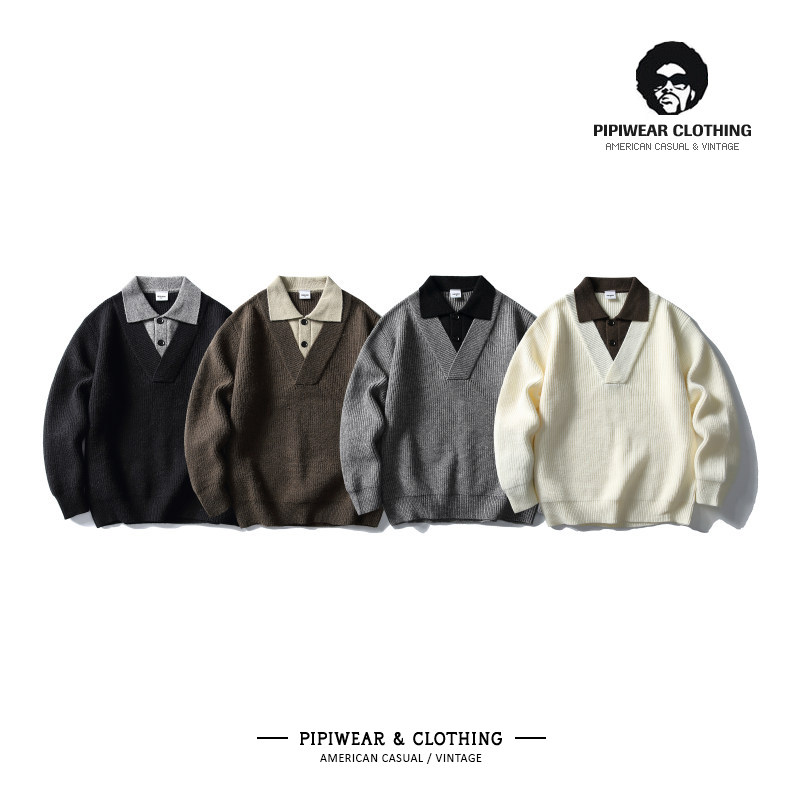 秋冬季复古假两件V领毛衣男内搭撞色针织衫早秋宽松休闲慵懒线衫