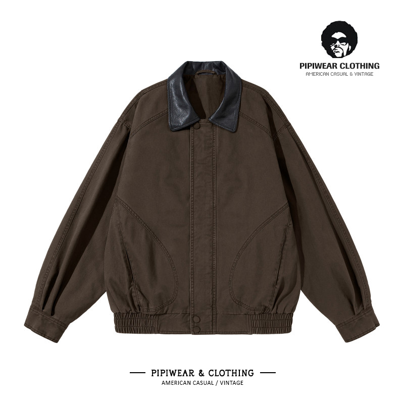 巴恩风皮领拼接翻领夹克短款外套