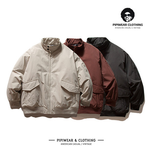 复古冬天衣服男外套哈灵顿工装加厚棉服纯色立领棉衣冬季保暖棉袄