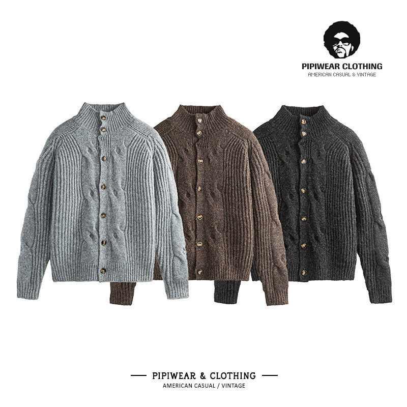 春天新款老钱风立领麻花纹开衫毛衣男宽松休闲针织衫春季叠穿线衫