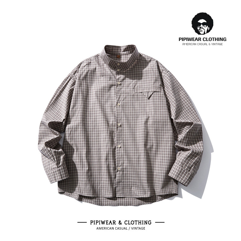 2026春天格子衬衫内搭叠穿日系立领衬衣男士春季长袖休闲宽松寸衫