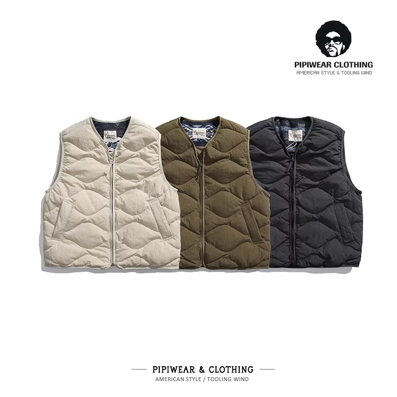 葫芦纹无领尼龙绿色羽绒马甲无帽