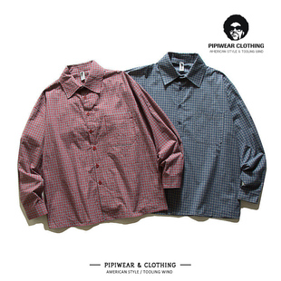 春装原创复古红色格子男衬衫长袖纯棉叠穿长袖衬衣春天全棉寸衫潮