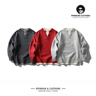 秋冬季复古撞色假两件V领毛衣宽松红色针织衫男2025新款早秋线衫