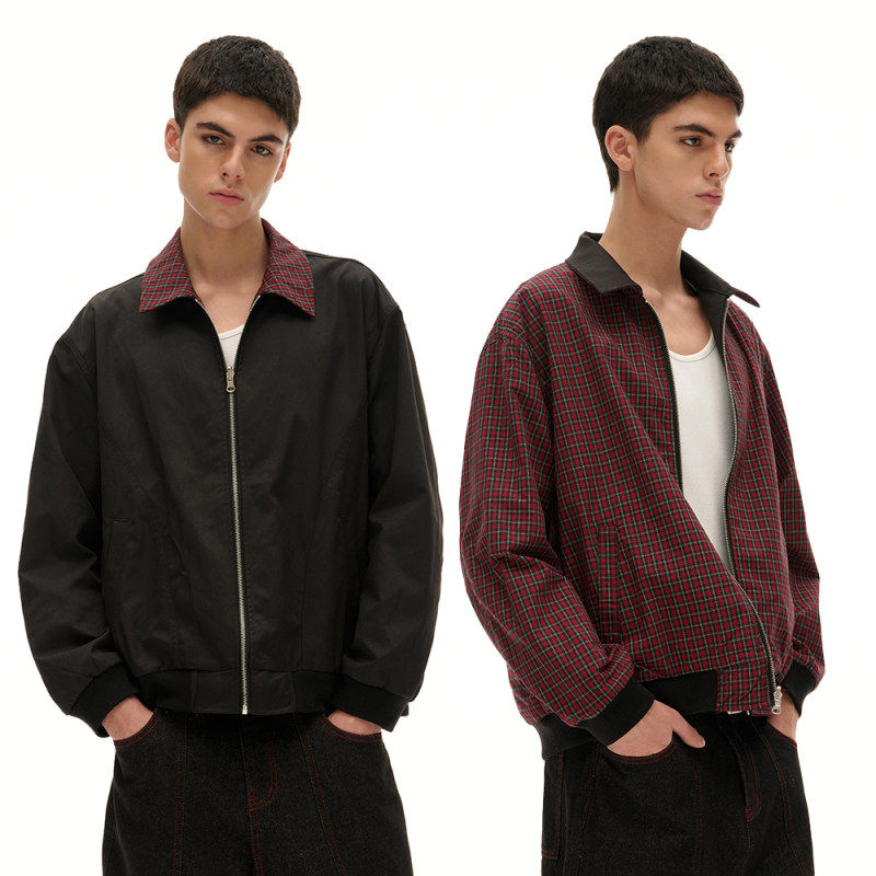 春天美式Cleanfit格纹拼接哈灵顿翻领夹克春季男士外套潮帅气时髦