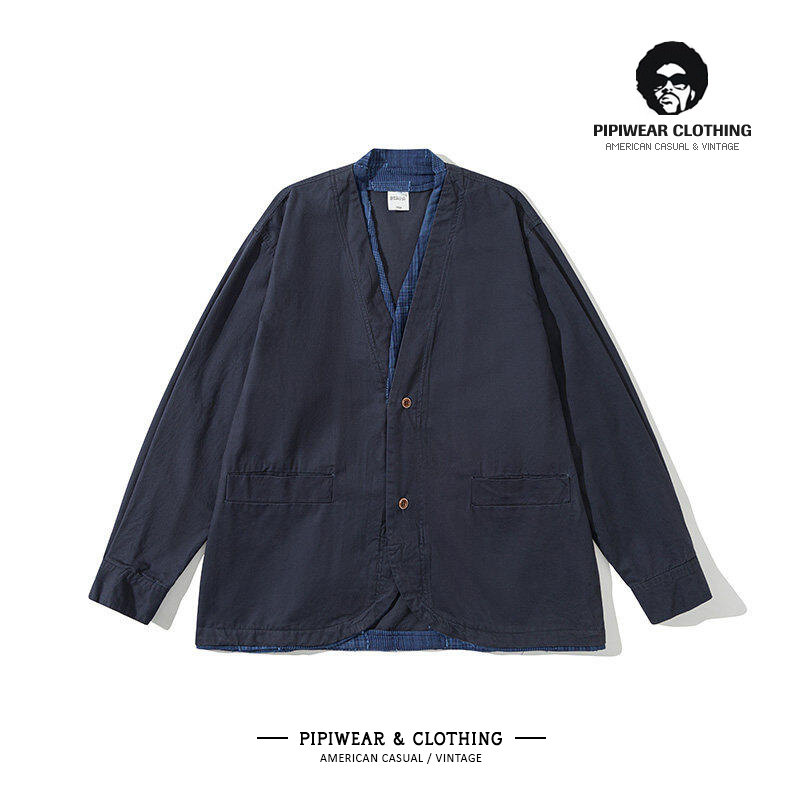 日系潮流春天复古水洗假两件撞色夹克上衣男宽松休闲春季西装外套