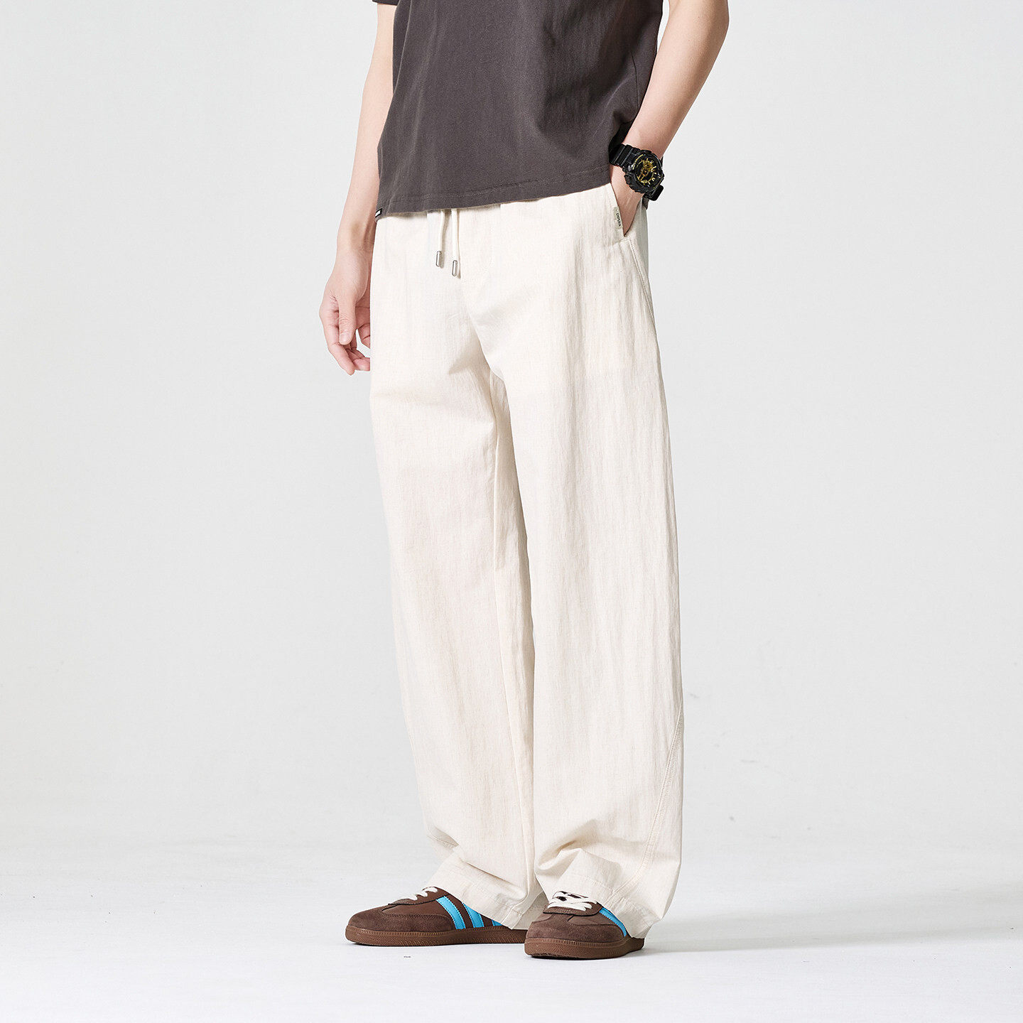 男裤2026新款春款松紧腰阔腿休闲裤亚麻混纺直筒长裤慵懒风裤子男