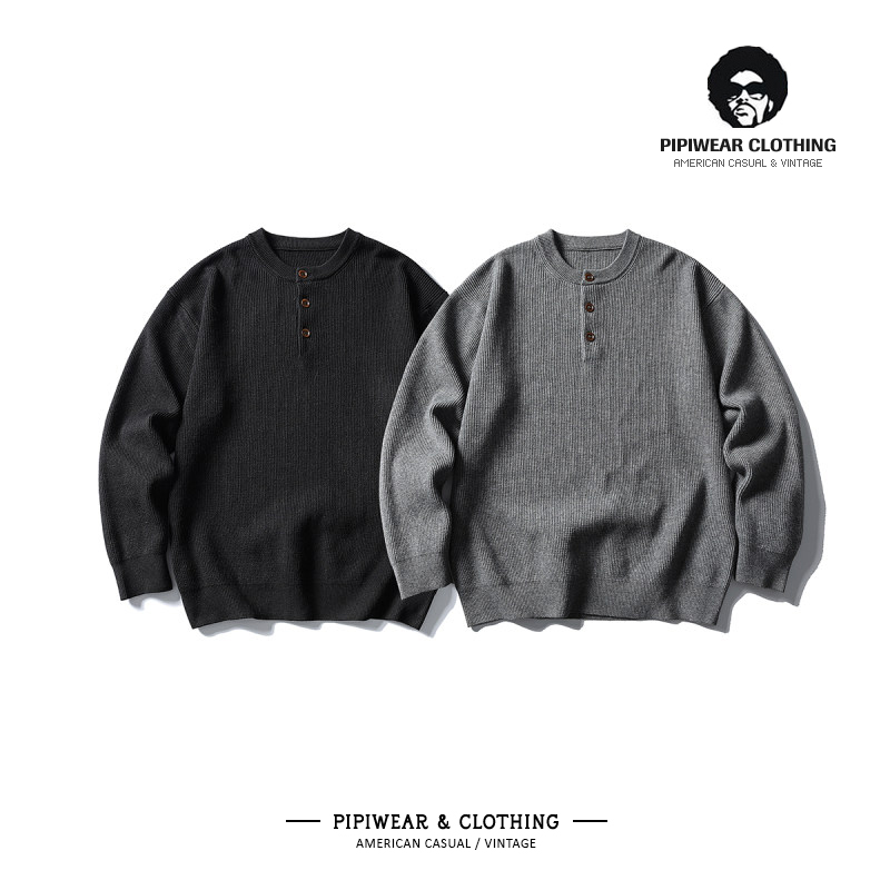 慵懒亨利领毛衣男纯色圆领针织衫