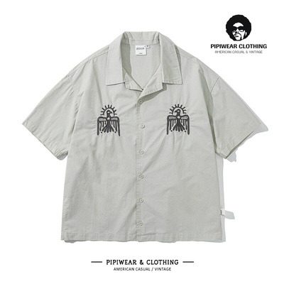 夏季日系复古刺绣古巴领短袖衬衫