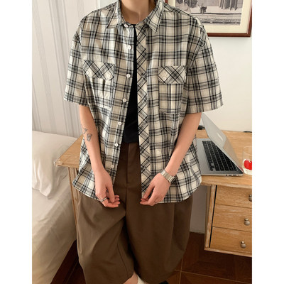 蓝格子工装短袖衬衫男慵懒风衬衣