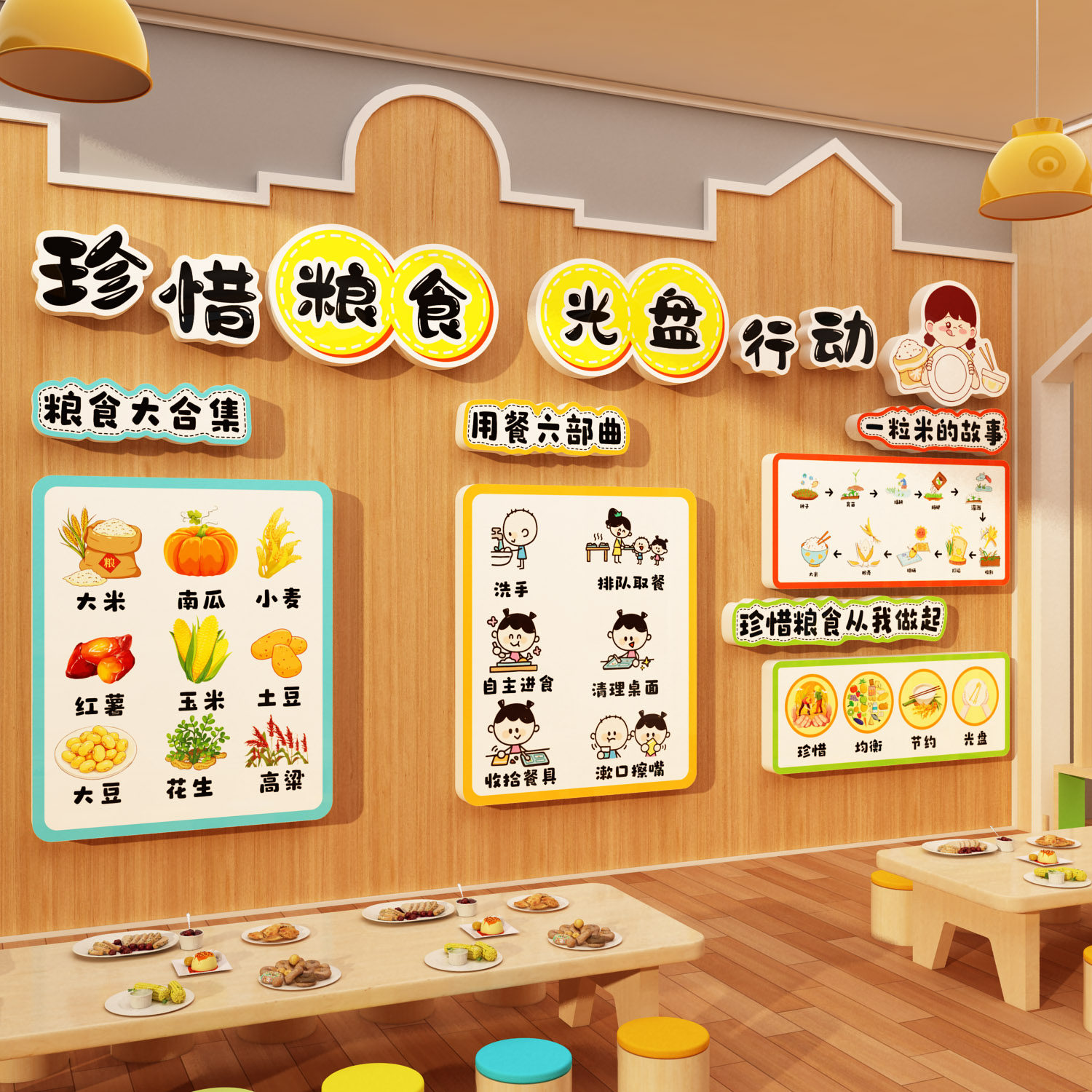 节约粮食墙贴幼儿园环创主题食堂文化小饭桌厨房餐厅布置用餐步骤