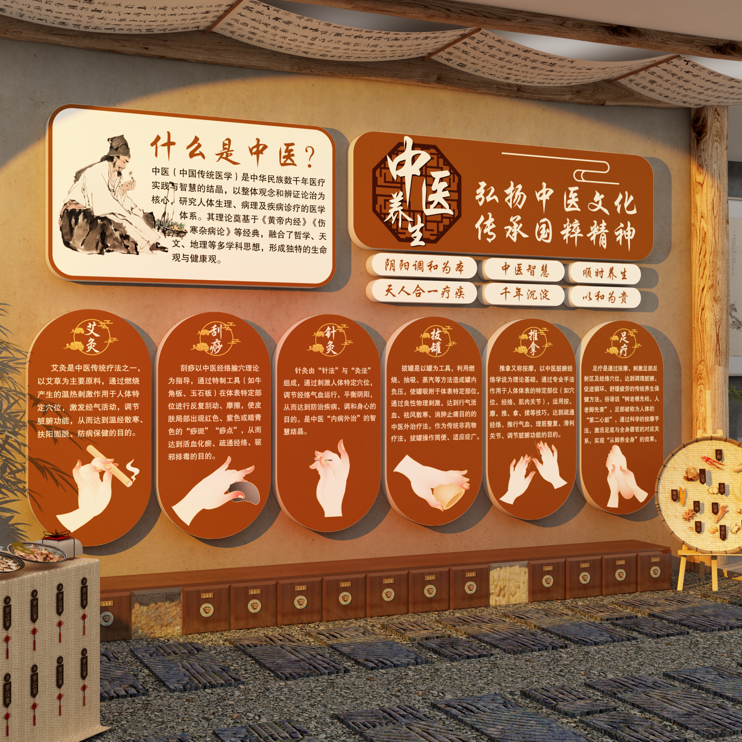 中医养生馆墙面装饰画氛围布置艾灸刮痧针灸拔罐推拿足理疗店广告