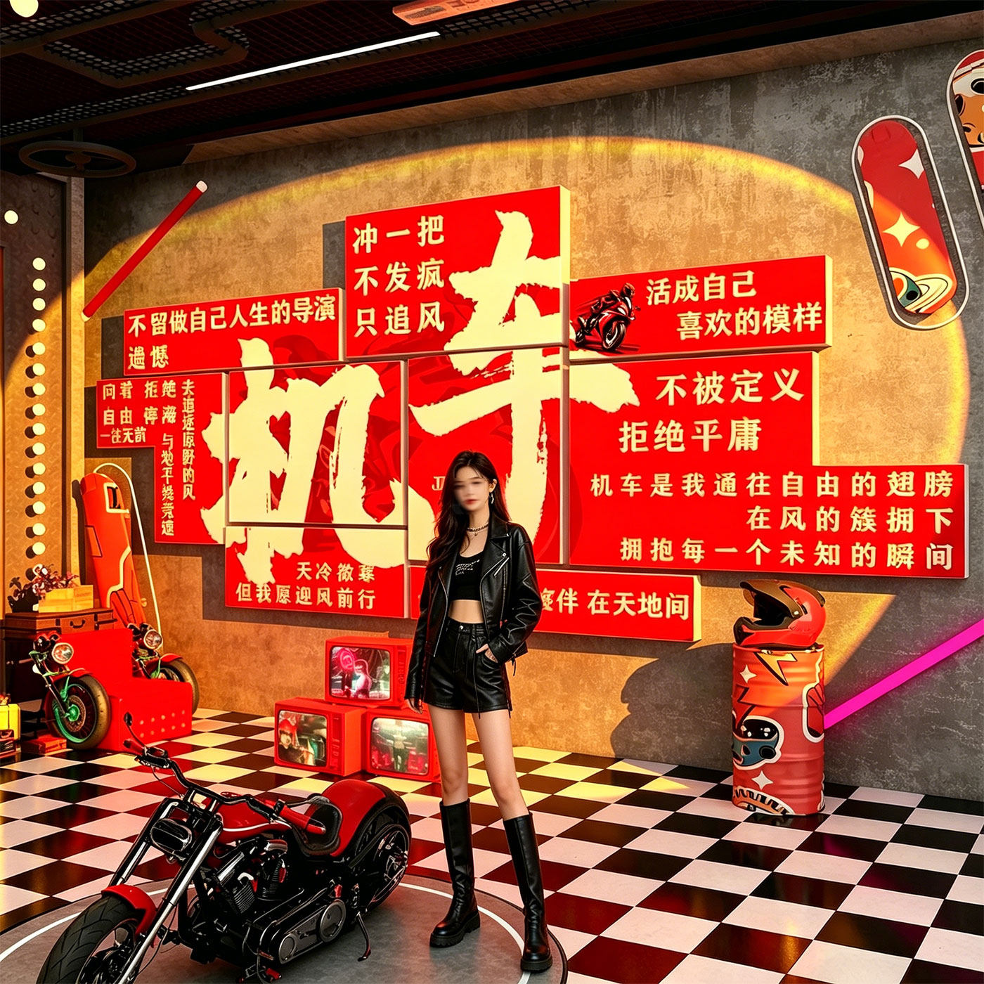 网红打卡摩托机车店墙面装饰画俱乐部涂鸦元素风背景氛围布置贴纸