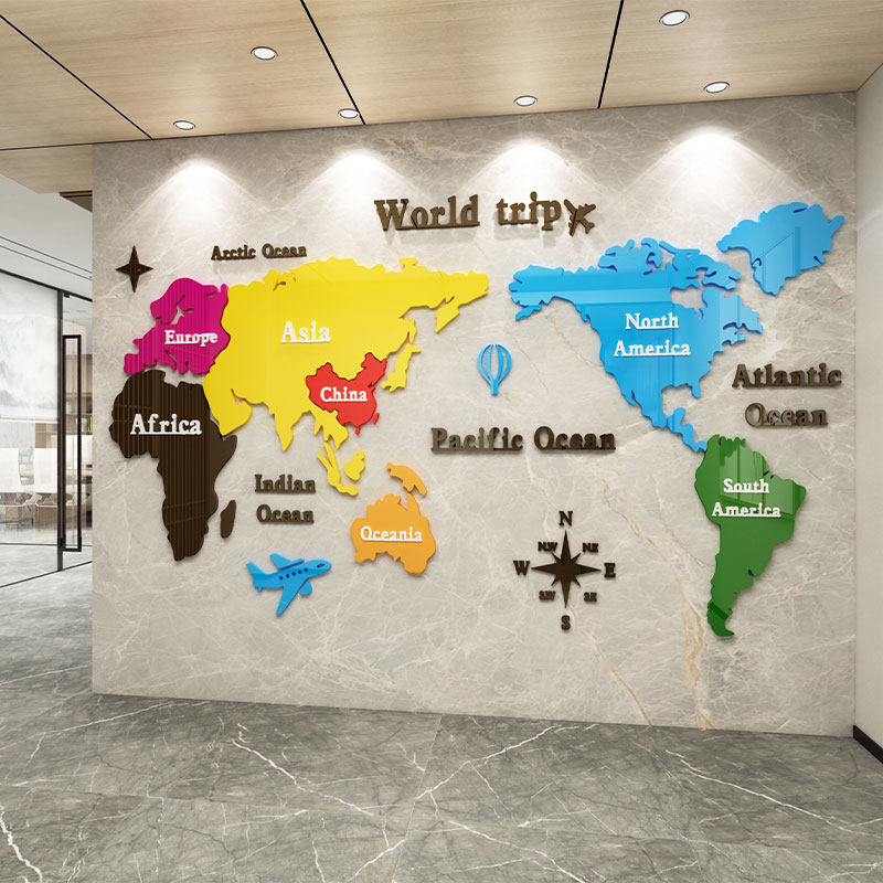 英语机构世界氛围形象办公室墙面装饰地图企业文化3d立体亚克力贴