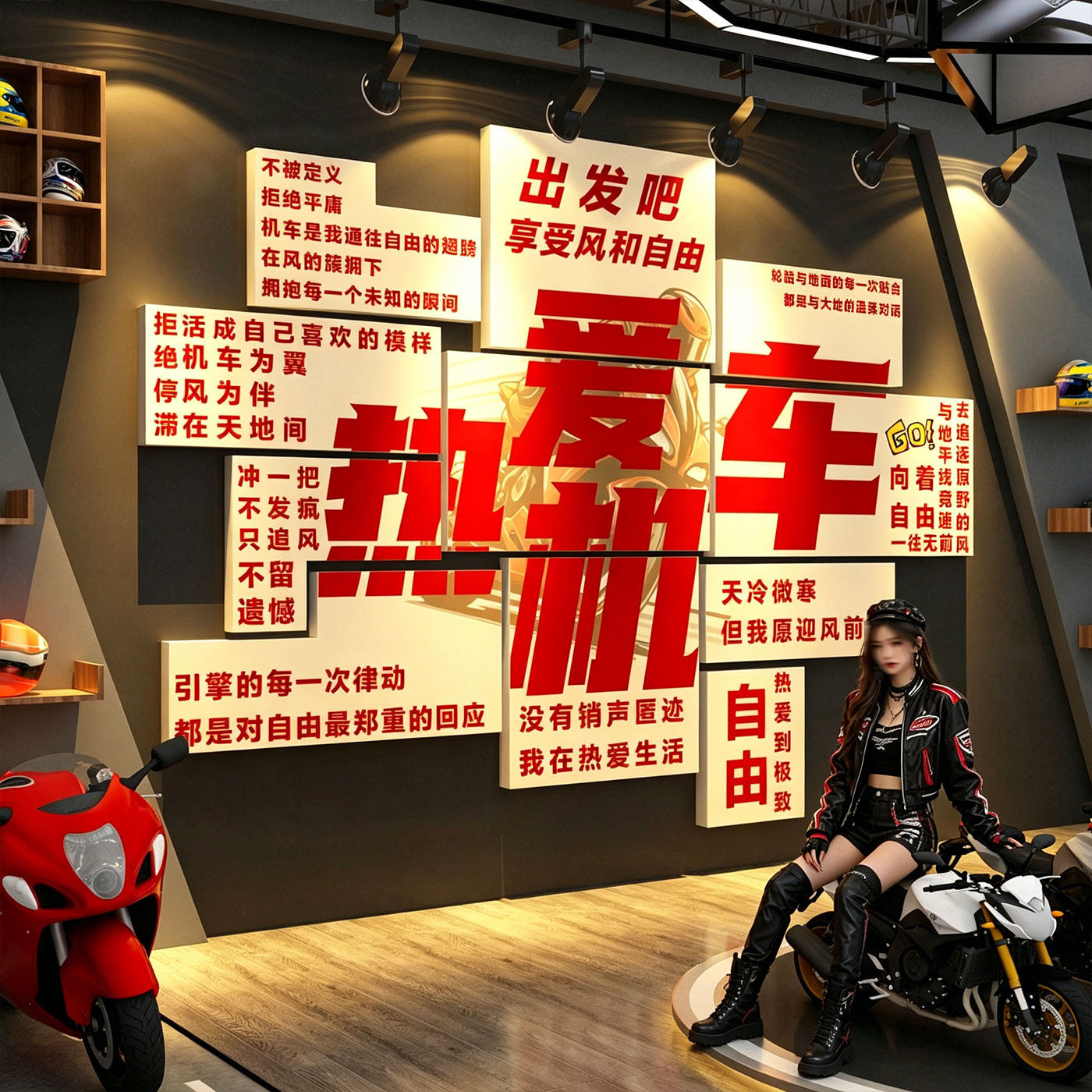 网红打卡摩托机车店墙面装饰俱乐部拍照区元素造背景氛围布置贴画