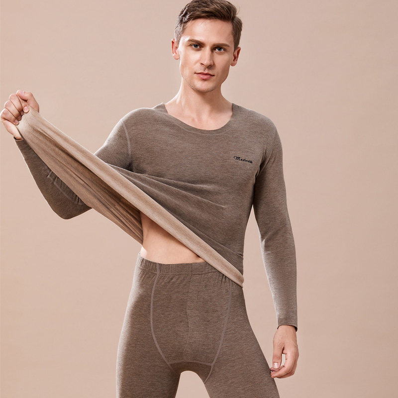 德绒无痕保暖内衣男加绒加厚羊毛蚕丝秋衣秋裤内穿打底套装