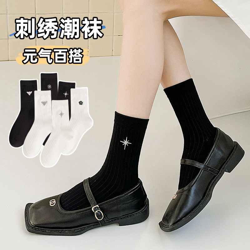 袜子女款中筒袜夏季纯棉2026新款蜜蜂刺绣百搭薄款黑色白色长筒袜