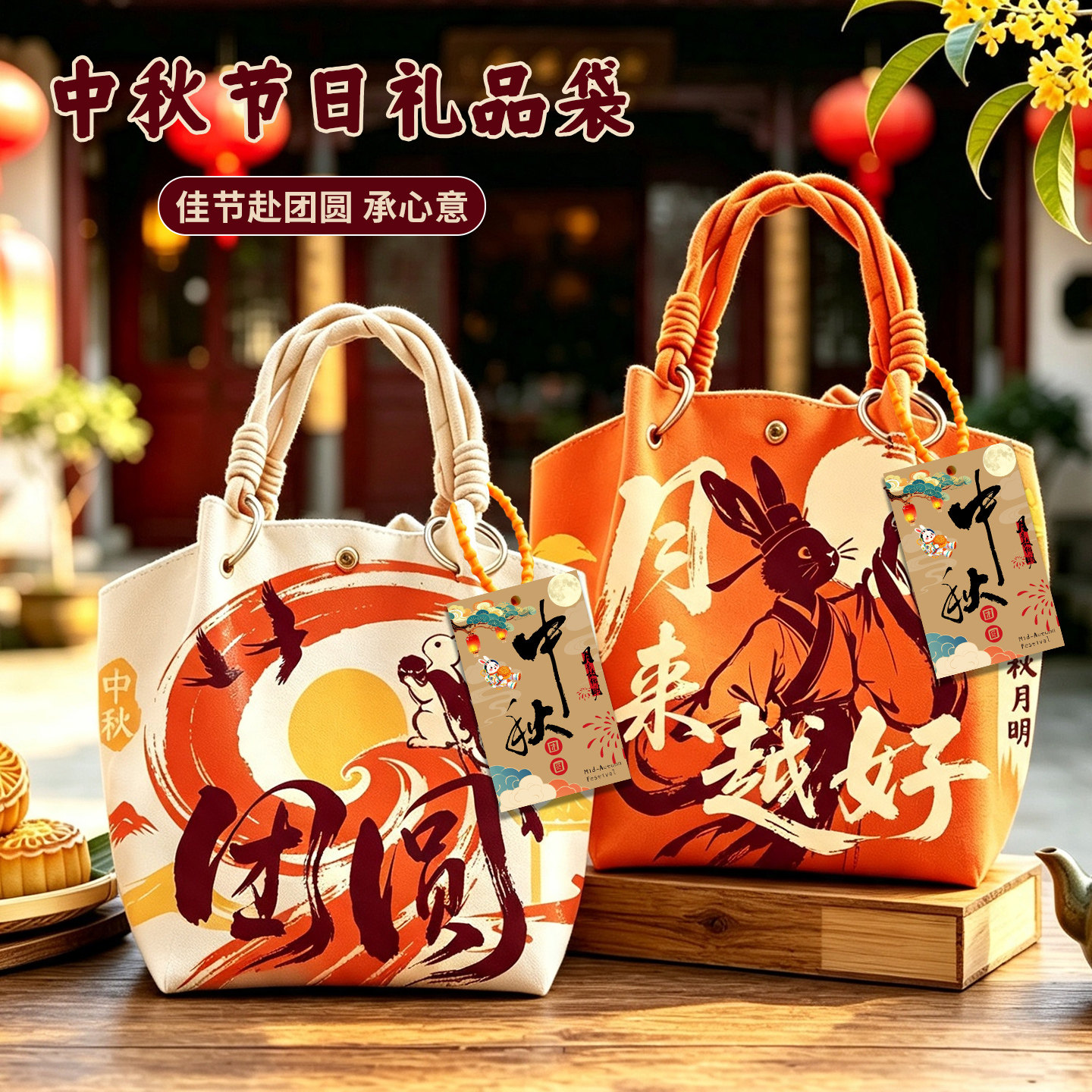 中秋节礼品袋子国风大容量针织手提袋送长辈员工月饼礼物包装礼袋