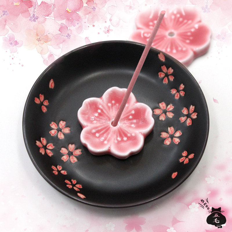 五毛人气热销-日式线香插「樱花香立」陶瓷香薰香皿配套黑色香盘,家居饰品,香托/香盘/香座/香插,淘宝优惠券,粉丝福利购,淘宝优惠卷