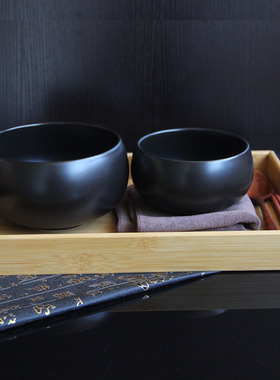 复古黑色陶瓷碗钵僧人钵盂和尚碗白瓷米饭碗竹托盘木勺筷钵碗套装