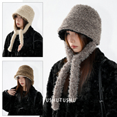 TUshu 雾面感毛绒渔夫帽～秋冬保暖护耳显脸小盆帽ins系带雷锋帽