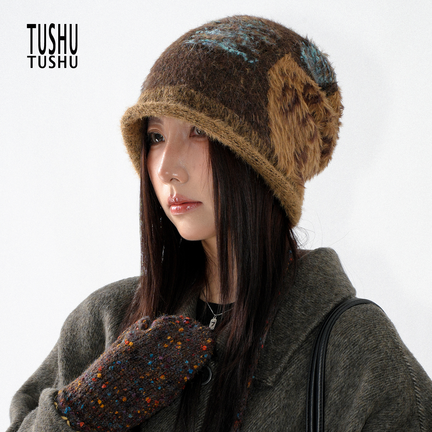 复古杂色毛绒包头帽显脸小堆堆帽