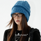TUshu 复古波纹感毛线帽子女秋冬保暖护耳针织帽韩系显脸小包头帽