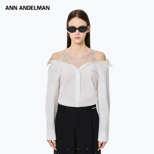 2026早春新款 一字露肩上衣 烫钻系列网纱透视拼接衬衫