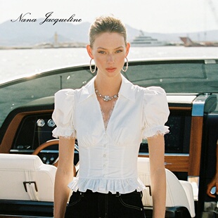 NanaJacqueline夏季新款背后绑带泡泡袖短袖衬衫女荷叶边复古上衣