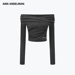 交叉褶皱露肩设计感高腰上衣一字肩长袖 t恤