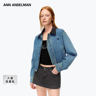 水洗牛仔外套 复古拼皮翻领牛仔夹克短款 痞幼同款