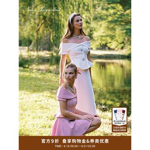 NanaJacqueline一字肩钻扣时尚套装女秋季新款复古短袖高智感穿搭