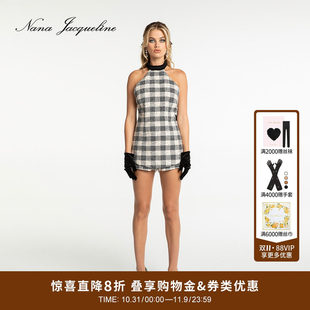 NanaJacqueline格纹挂脖连体裤女品牌新款复古粗花呢蝴蝶结连衣裙