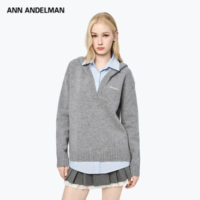 ANN ANDELMAN蔡卓妍同款双拼色连帽针织卫衣可拆卸衬衫真两件上衣