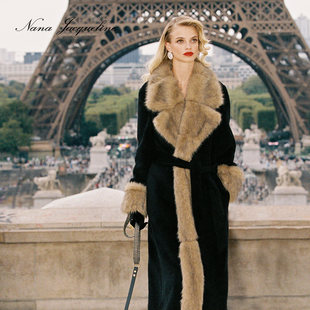 NanaJacqueline冬季新款羊驼毛系带毛领大衣女浴袍式轻奢毛呢外套