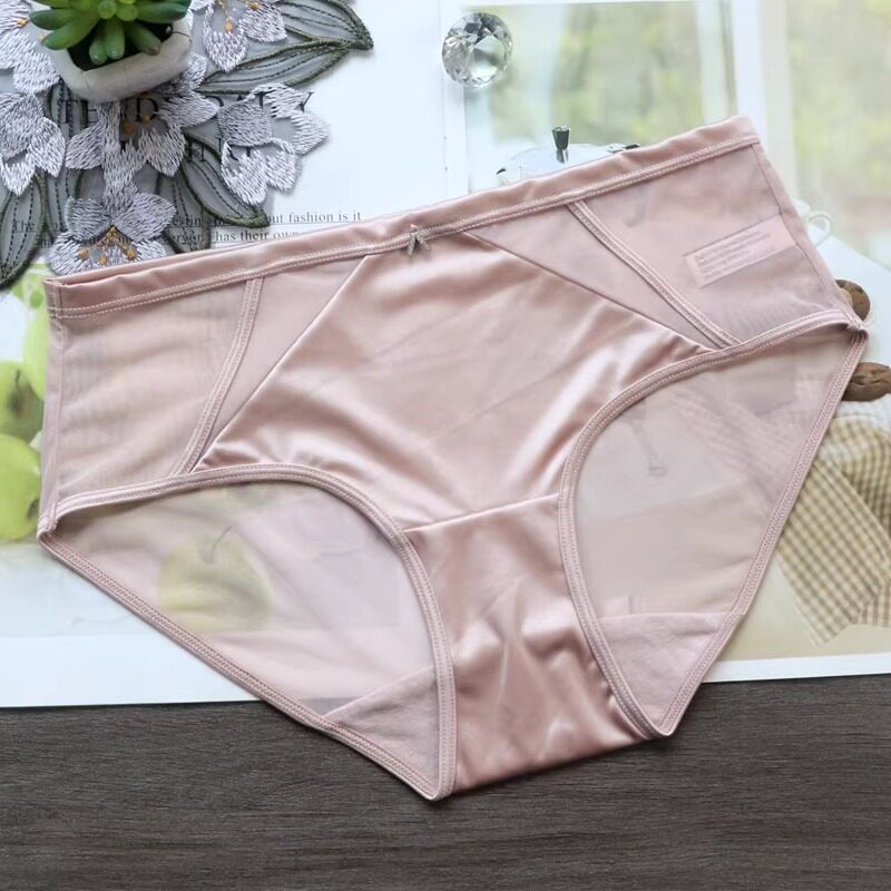 油光绸缎性感网纱内裤女低腰透气舒适女士三角裤抗菌16CM棉档大码