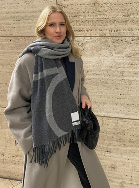 北欧小众围巾女提花TOT几何纯羊毛围巾情侣款秋冬加厚保暖披肩