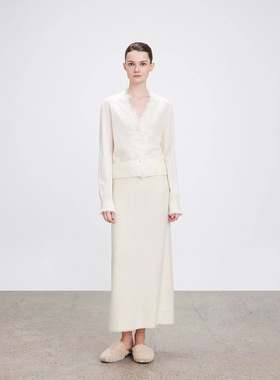 港米服饰/花边羊绒针织开衫女秋新款羊毛气质上衣V领针织衫外套