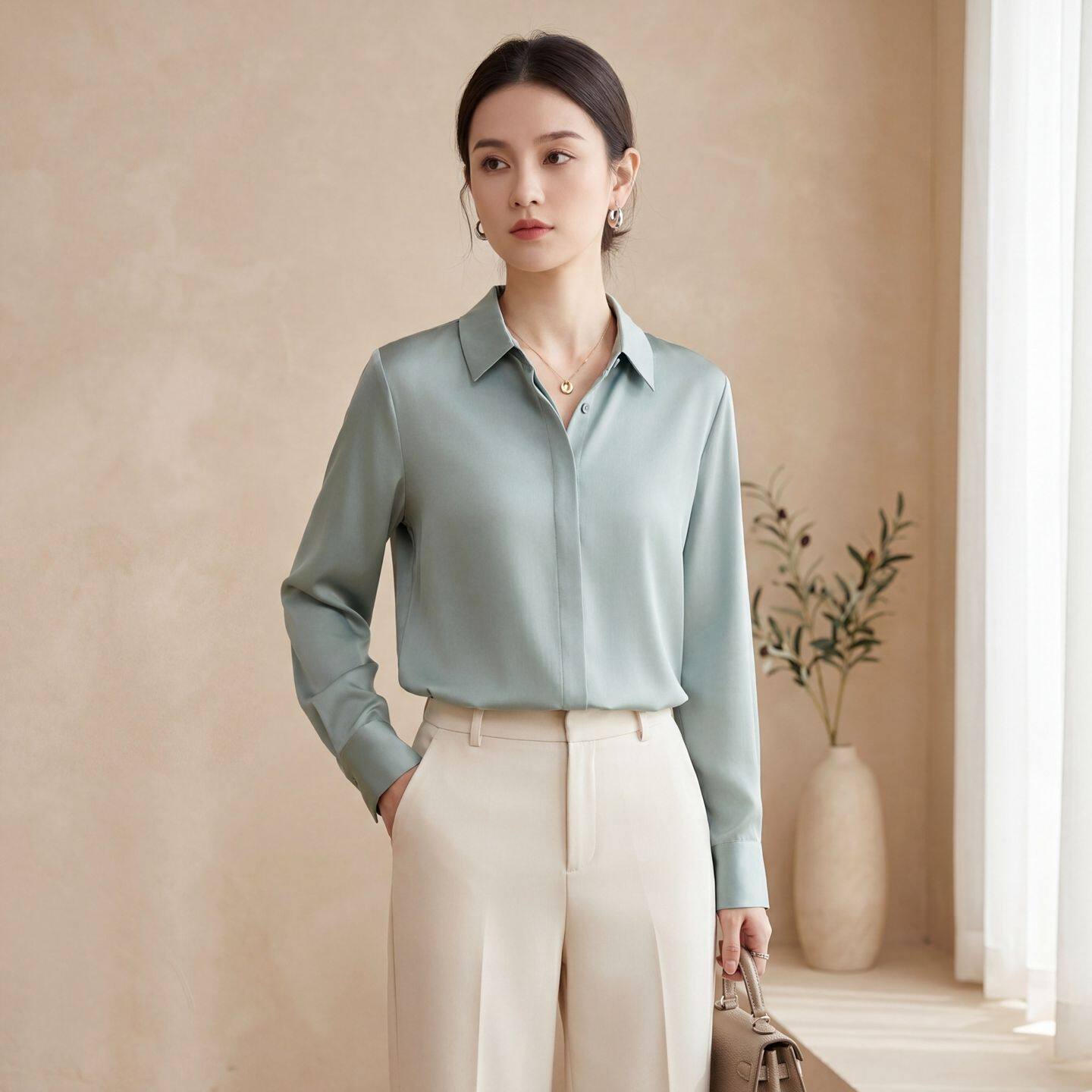 2026春夏新款真丝衬衫女桑蚕丝长袖方领宽松缎面砂洗衬衣大码女装