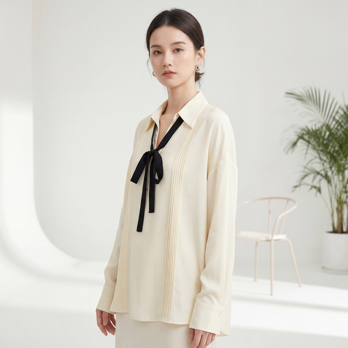 春季真丝蝴蝶结飘带衬衫女新款桑蚕丝法式小香风衬衣长袖通勤上衣