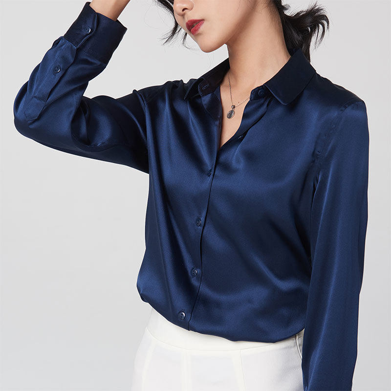 桑蚕丝真丝衬衫女长袖2026春秋款职业装撞色通勤衬衣修身方领上衣