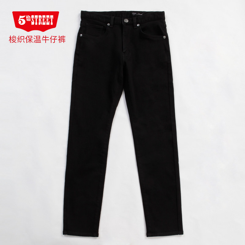 第五街5th street黑色牛仔裤男装加绒加厚修身直筒冬季保暖长裤