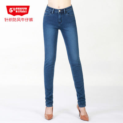 第五街冬加厚保暖针织防风牛仔裤弹力女修身小脚裤614526-194M0