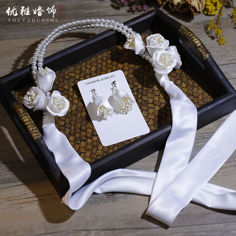 新品敬酒服头饰新娘白色珍珠花朵发箍套装结婚礼服韩式跟妆发饰品