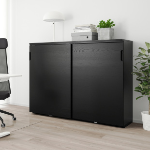 IKEA宜家代购佳兰特推拉门柜黑色白蜡木贴面160x120cm家用收纳柜