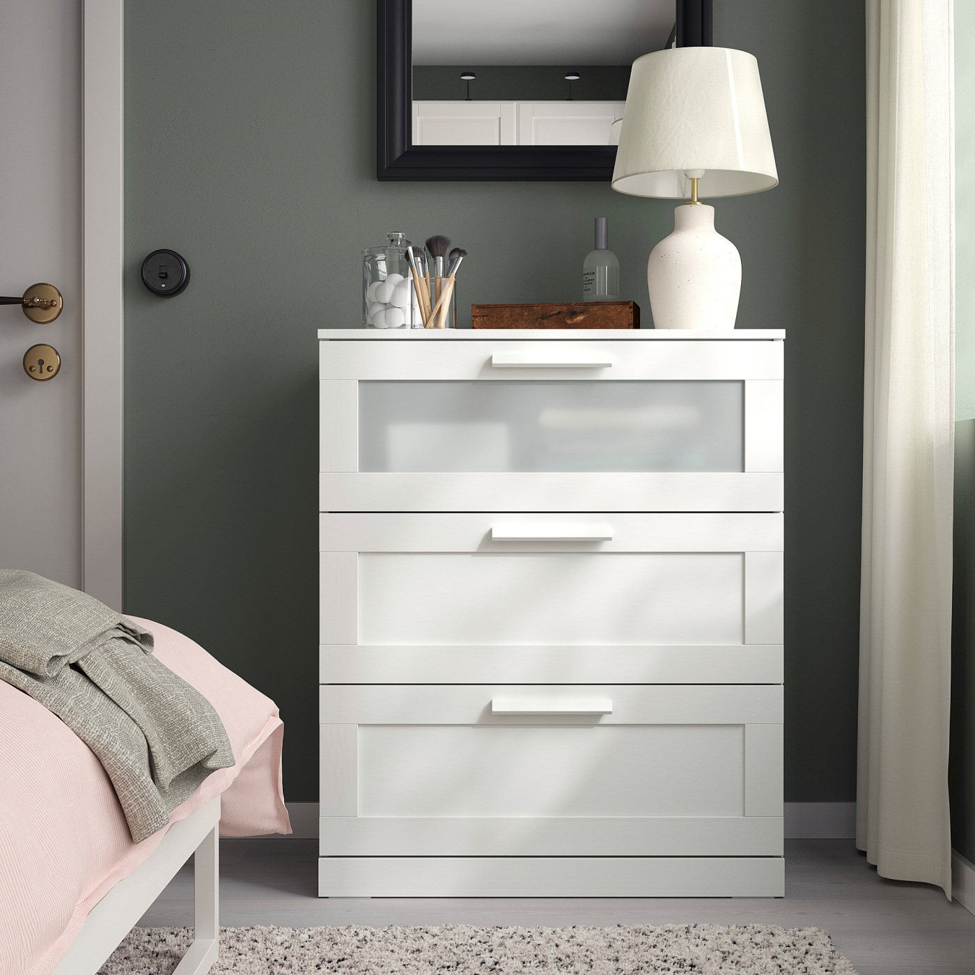 IKEA宜家代购百灵三斗抽屉柜白色毛玻璃78x95厘米置物柜整理柜